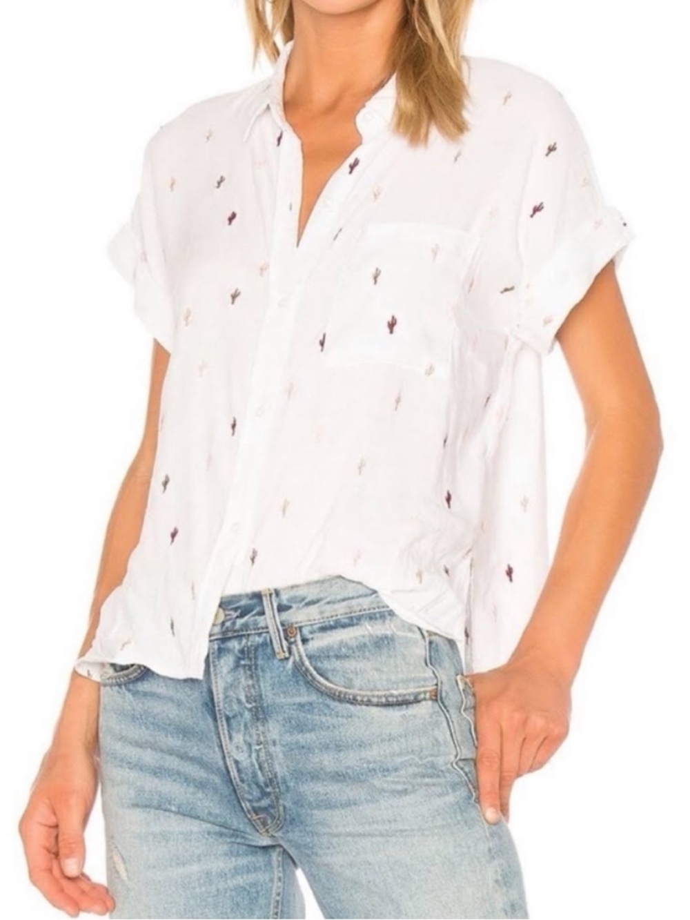 Rails Whitney Metallic Cactus Top Size Small Shirt Linen Blend Short Sleeve
